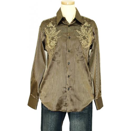 Pronti  Gold / Black Metallic Striped Embroidered Long Sleeve Shirt S5851